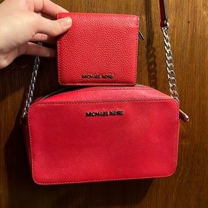 Michael Kors Red Crossbody Bag and Wallet Bundle